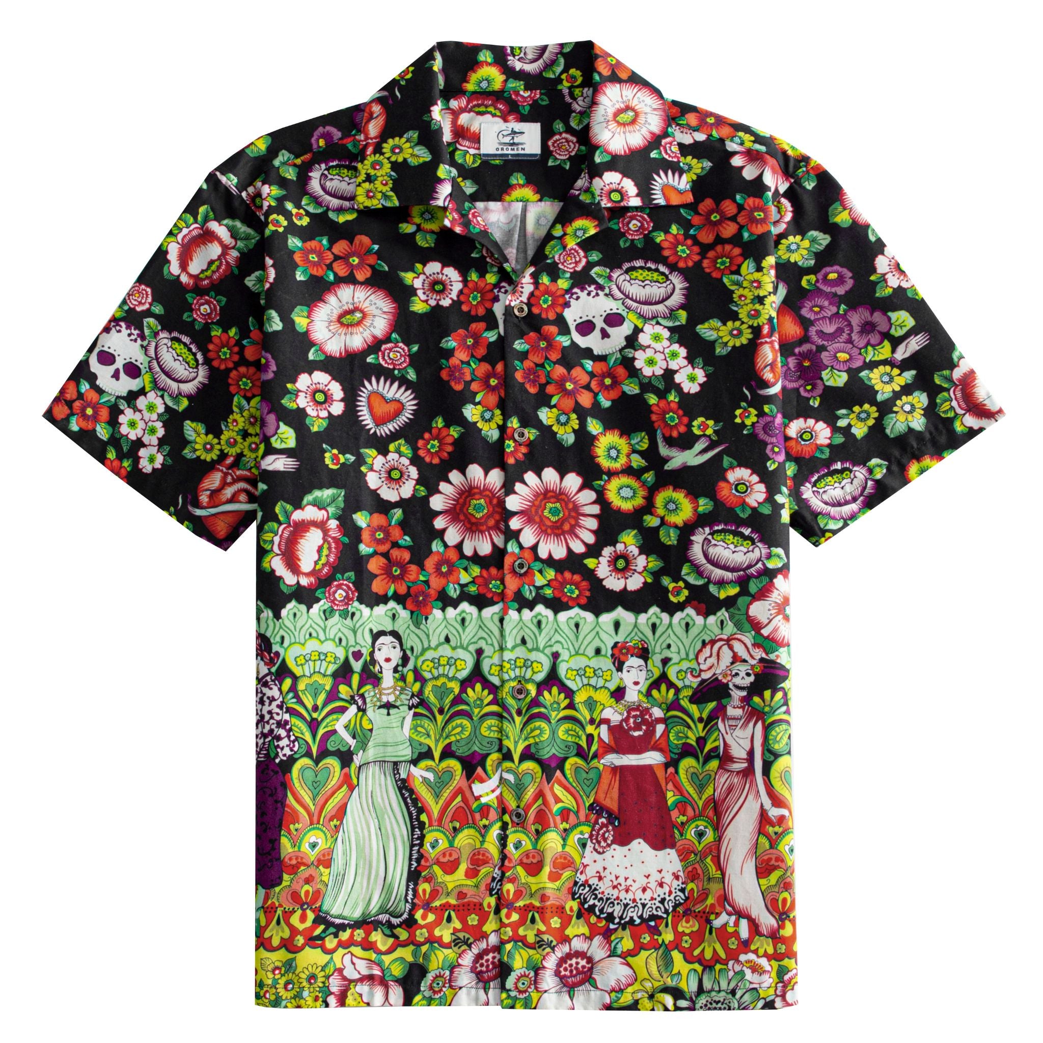 OROMEN Frida & Flowers Shirt – Front View, Black Mexican Folk Art All-Over Print