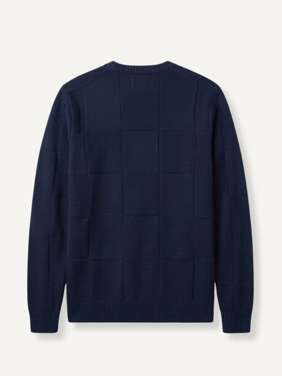 OROMEN Geometric Block Textured Sweater back flat lay showing seamless geometric block pattern