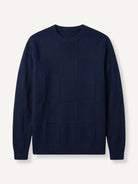 OROMEN Geometric Block Textured Sweater front flat lay in navy blue showing geometric weave