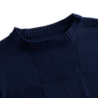 OROMEN Geometric Block Textured Sweater navy blue ribbed crewneck collar detail close-up