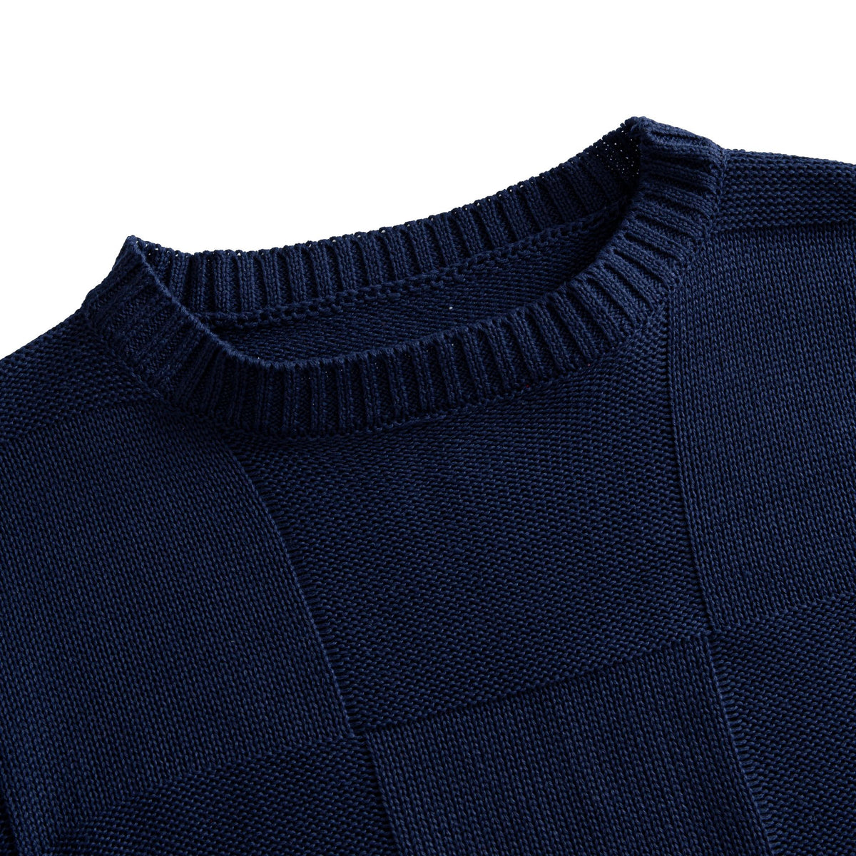 OROMEN Geometric Block Textured Sweater navy blue ribbed crewneck collar detail close-up