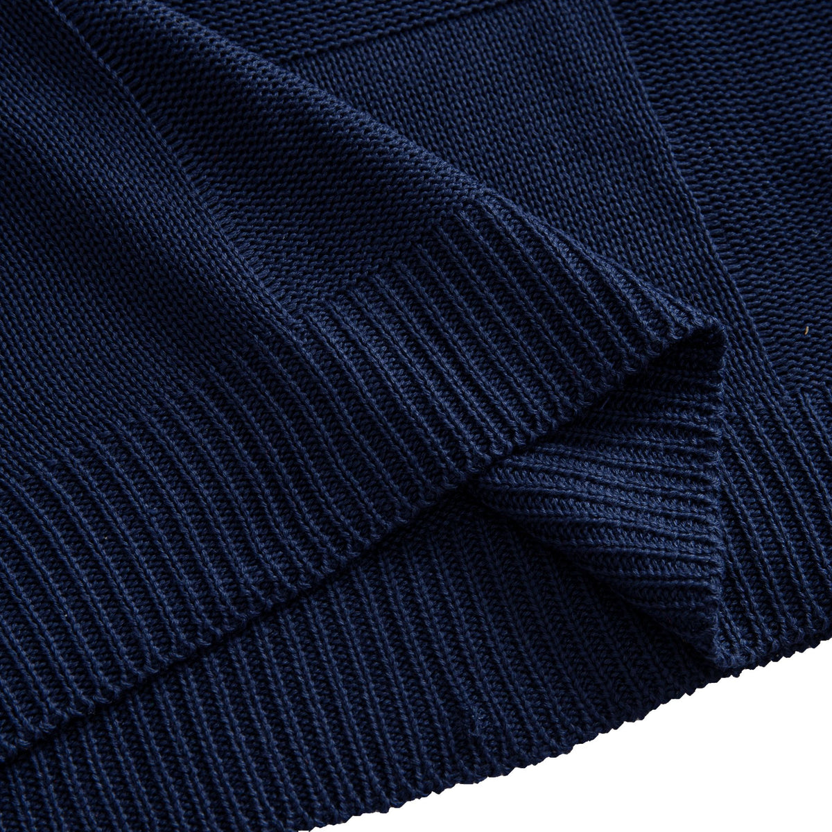 OROMEN Geometric Block Textured Sweater navy blue ribbed hem detail close-up