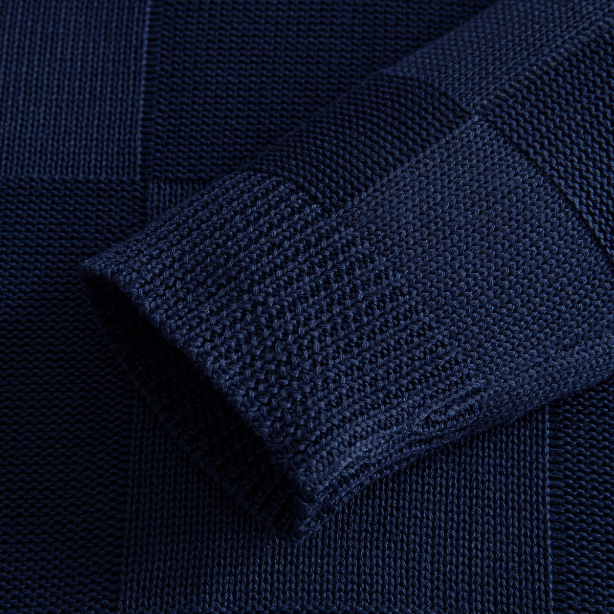 OROMEN Geometric Block Textured Sweater navy blue sleeve ribbed cuff detail close-up