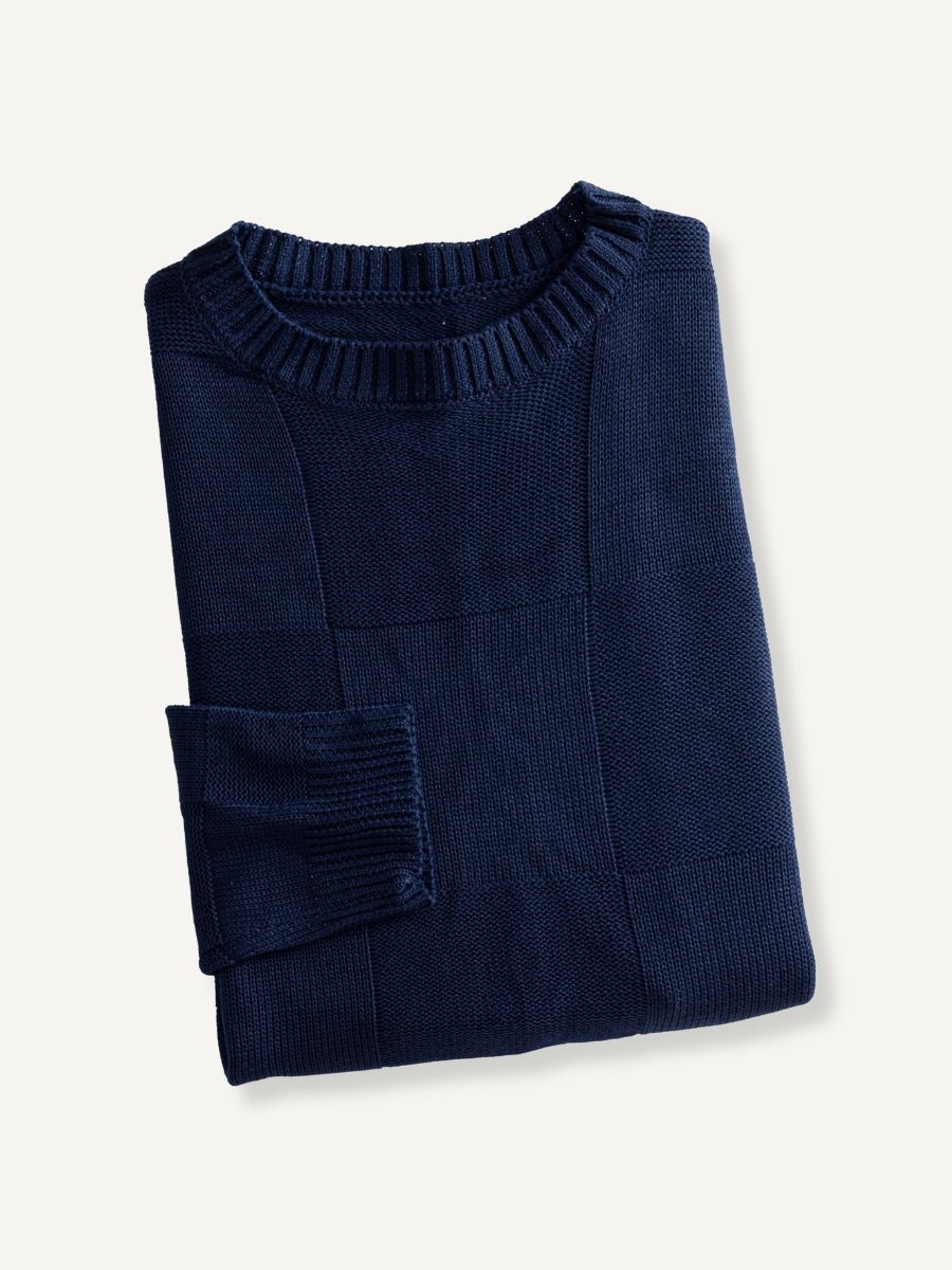 OROMEN Geometric Block Textured Sweater neatly folded flat lay displaying rich navy knit texture