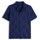OROMEN Geometric Open-Knit Jacquard Polo Shirt in Navy – Front View