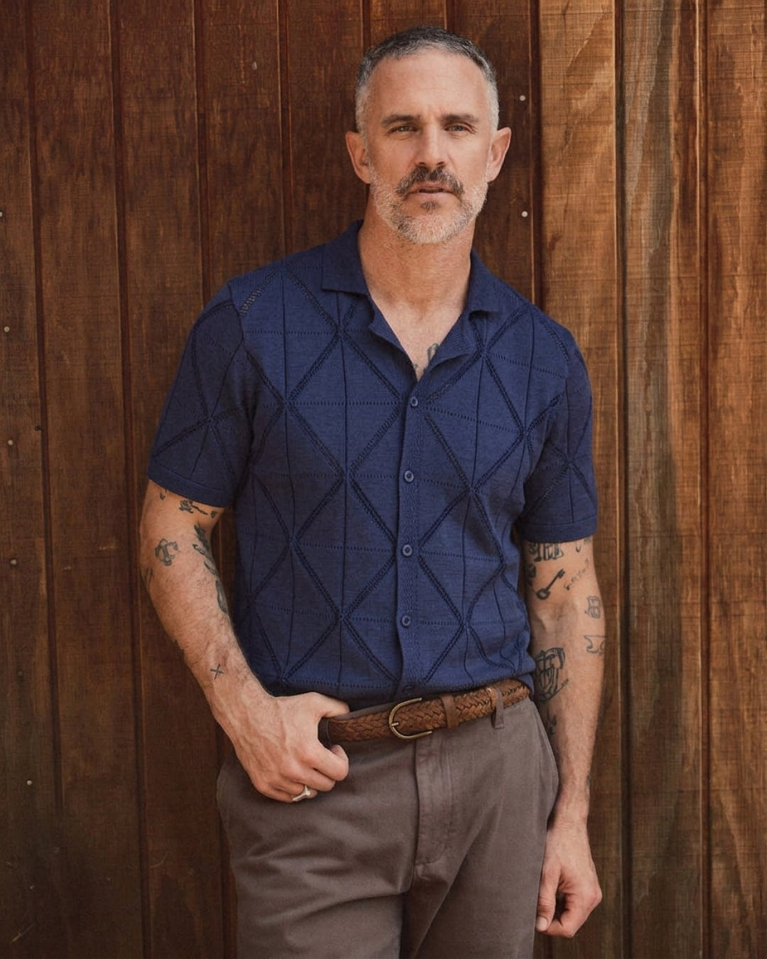 OROMEN Geometric Open-Knit Jacquard Polo Shirt in Navy – Model