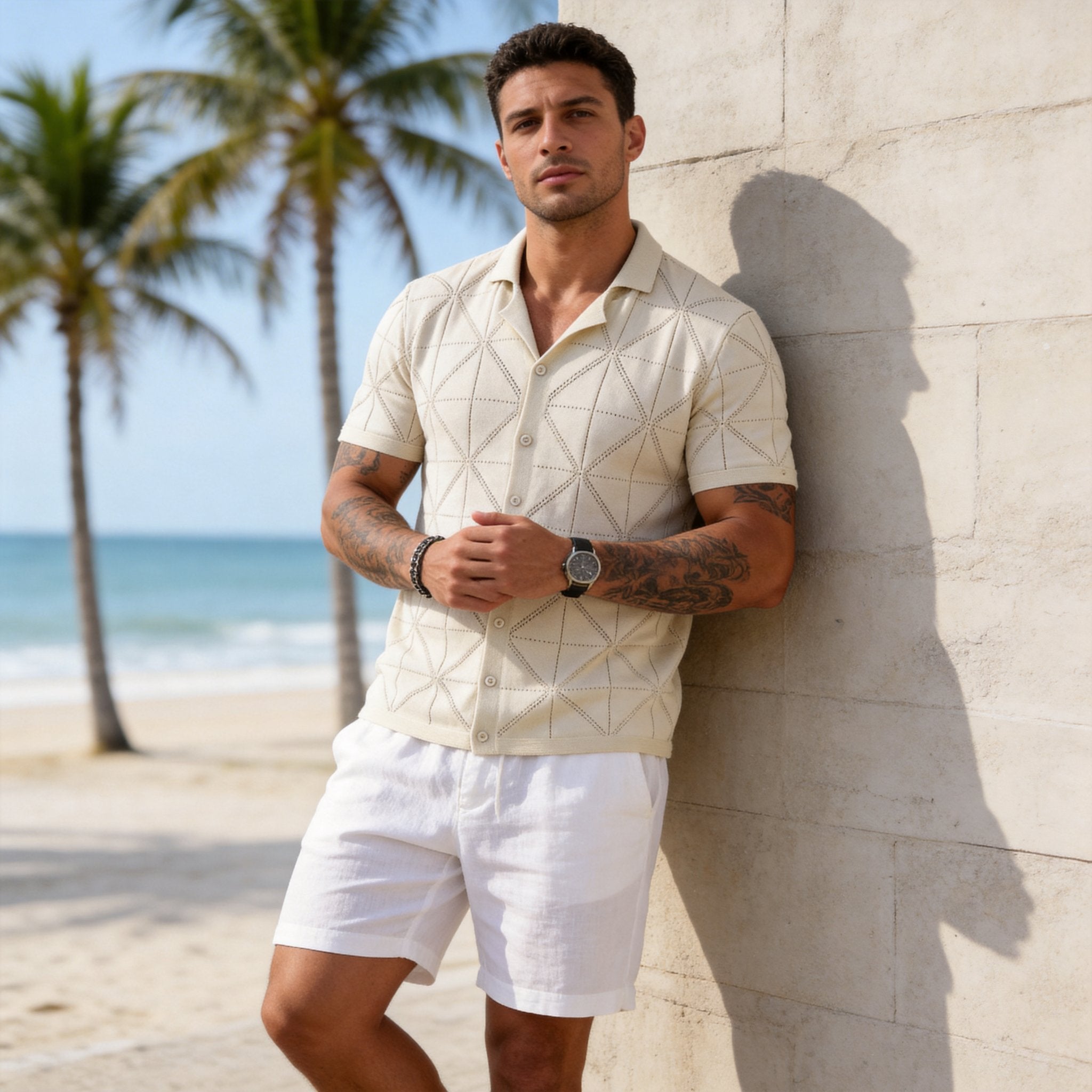 OROMEN Geometric Open-Knit Polo Shirt – Detail Close-Up