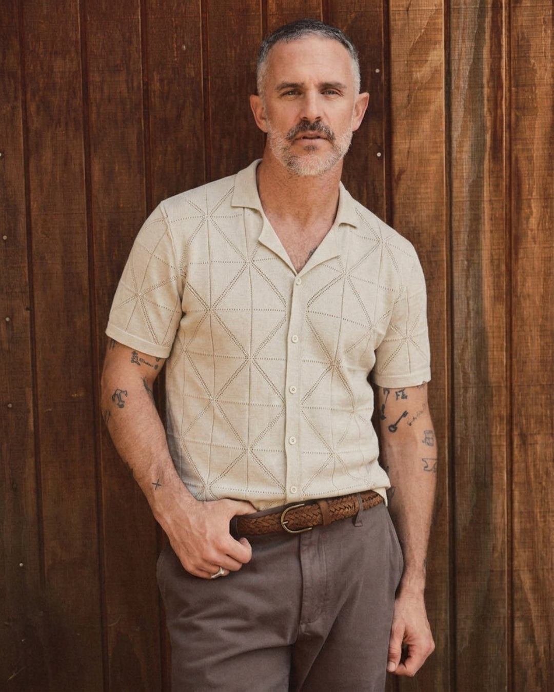OROMEN Geometric Open-Knit Polo Shirt in Beige – Model