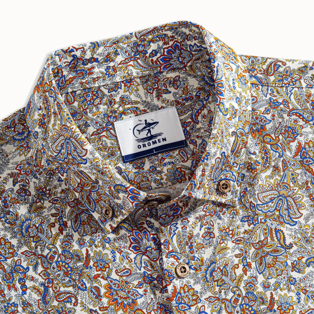 OROMEN Golden Era Hawaiian Shirt — button-down collar and brand label detail