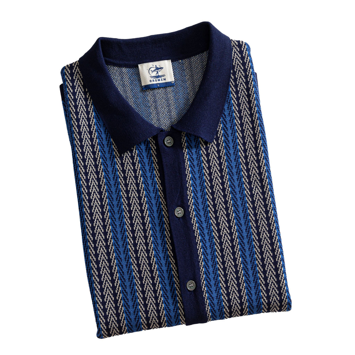 OROMEN Herringbone Jacquard Knit Polo navy blue folded display with label