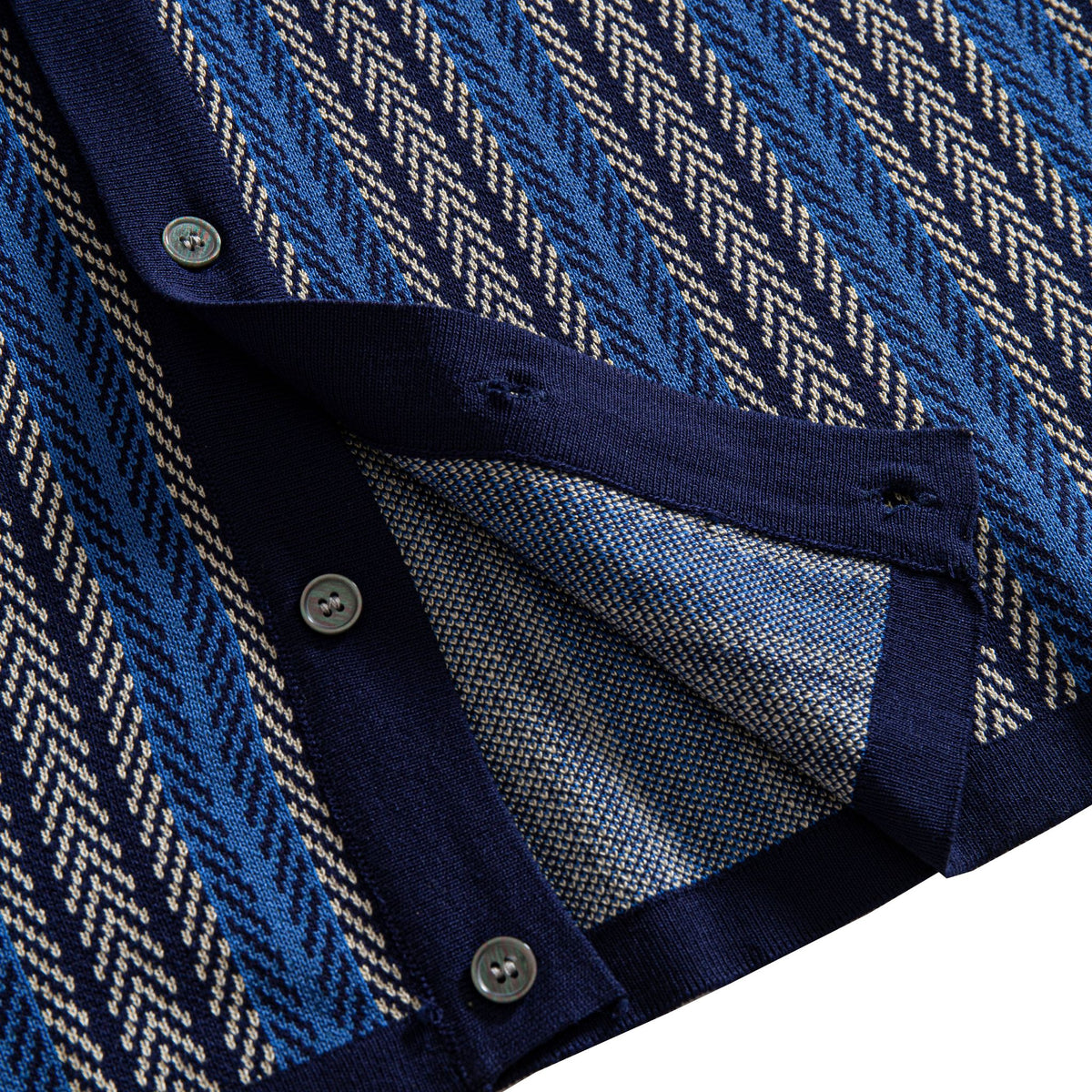OROMEN Herringbone Jacquard Knit Polo navy blue herringbone knit fabric texture close-up