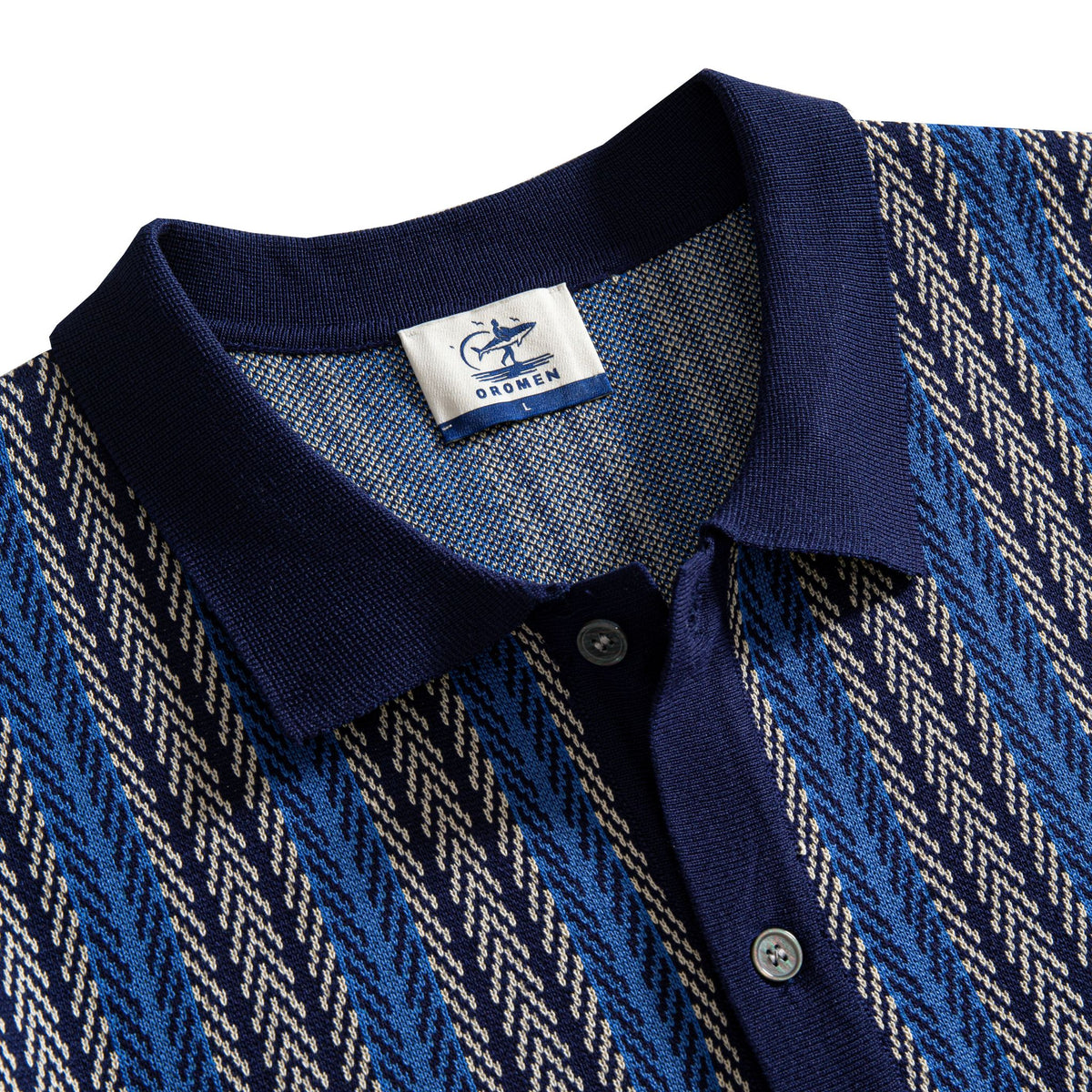 OROMEN Herringbone Jacquard Knit Polo navy blue polo collar detail close-up