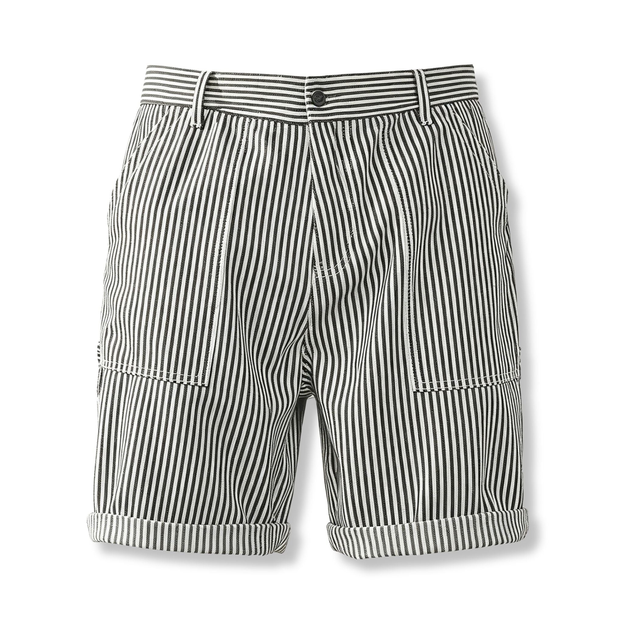 OROMEN Hickory Stripe Cargo Shorts – Side Profile, Cargo Pocket Detail