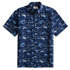 OROMEN Hokusai Kairin Hawaiian shirt front flat lay, allover Ukiyo-e ocean wave print on deep navy