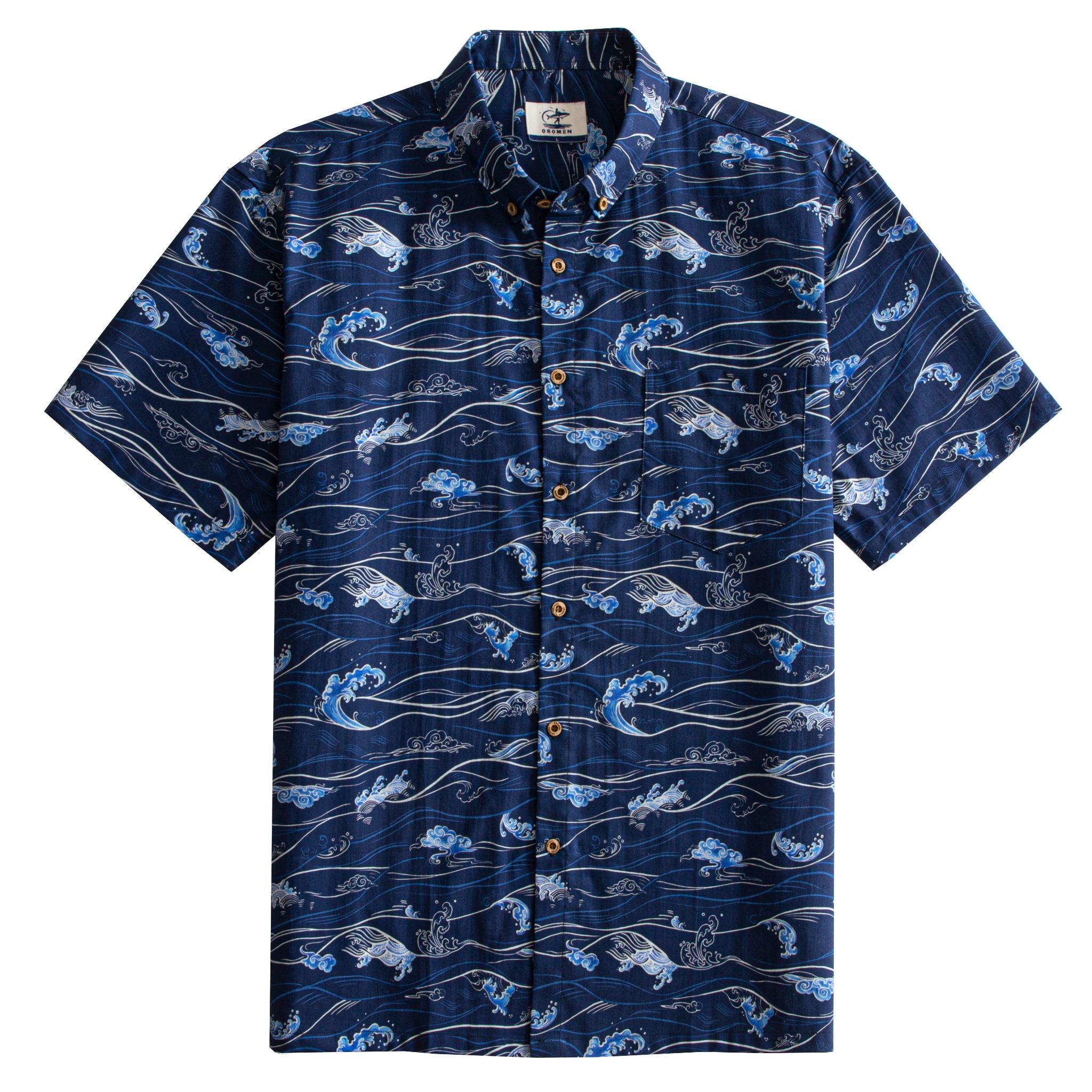 OROMEN Hokusai Kairin Hawaiian shirt front flat lay, allover Ukiyo-e ocean wave print on deep navy