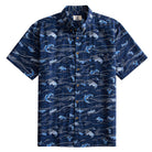 OROMEN Hokusai Kairin Hawaiian shirt front flat lay, allover Ukiyo-e ocean wave print on deep navy