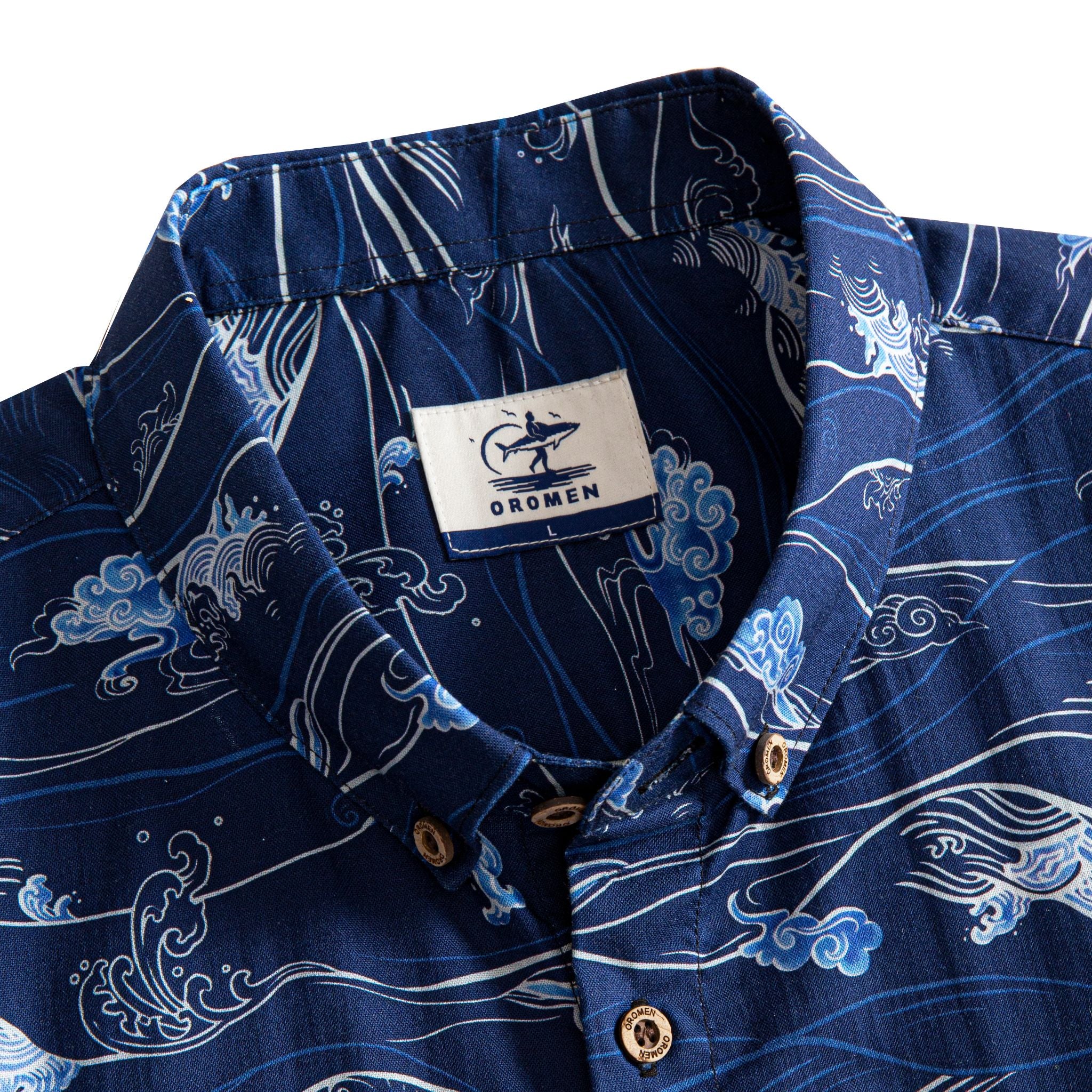 OROMEN Hokusai Kairin shirt button-down collar and branded label detail, navy Ukiyo-e wave print