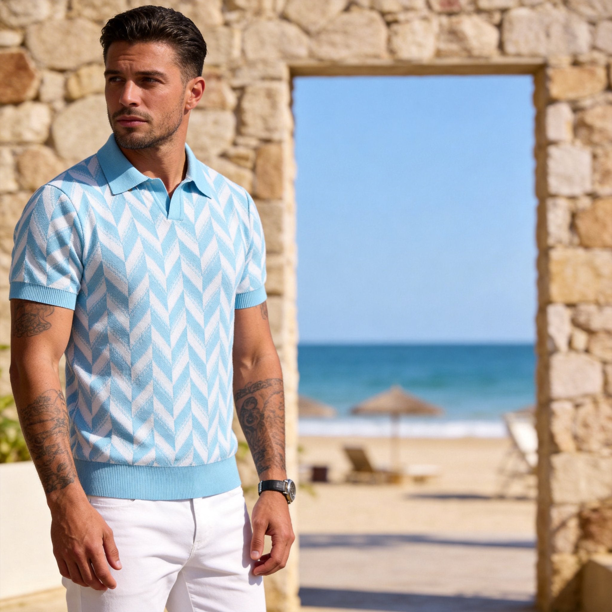OROMEN Ice Silk Polo Shirt with Herringbone Details – Model Shot