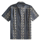OROMEN Indigo Batik Hawaiian shirt back flat lay, full allover navy and off-white geometric Batik stripe