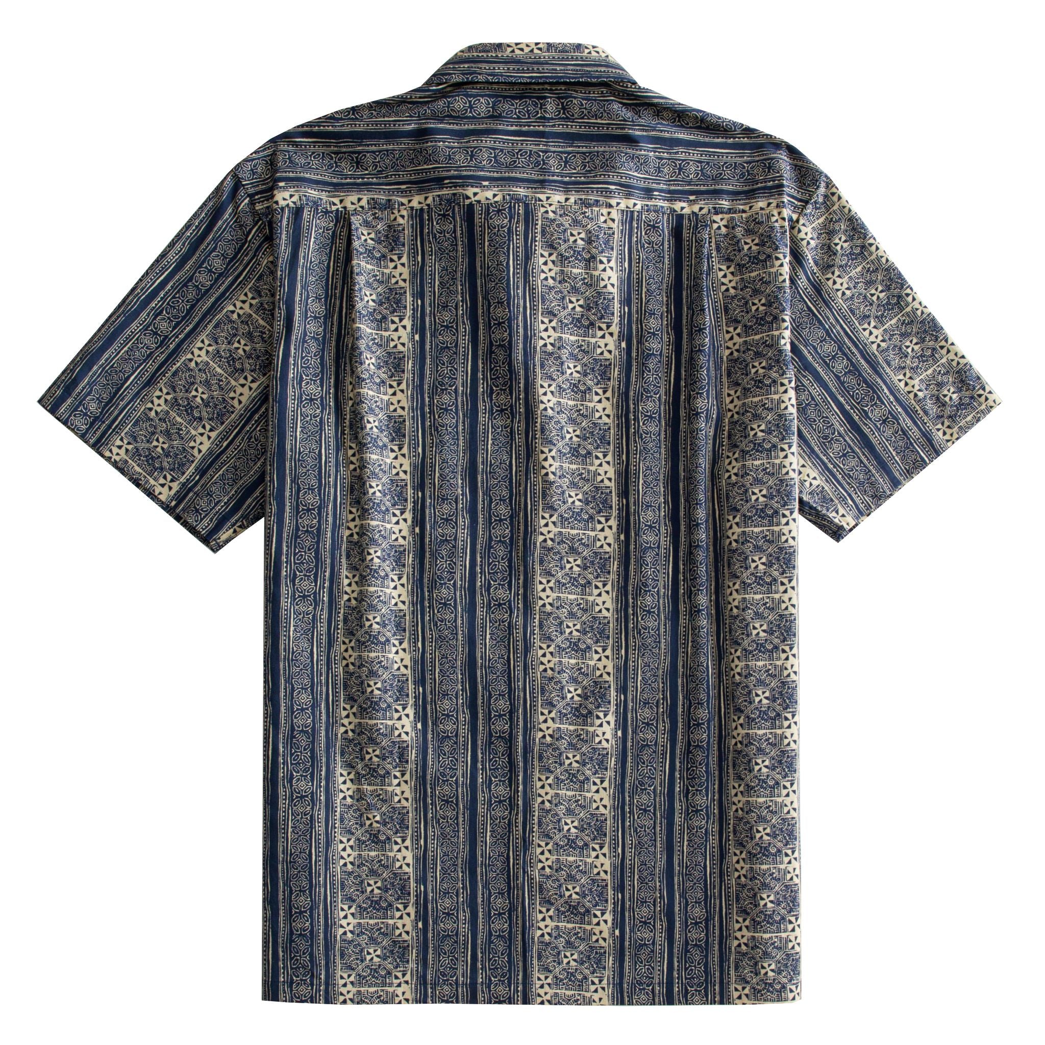 OROMEN Indigo Batik Hawaiian shirt back flat lay, full allover navy and off-white geometric Batik stripe