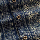 OROMEN Indigo Batik shirt branded coconut button close-up, navy and off-white geometric Batik print