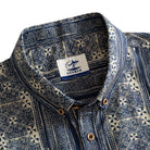 OROMEN Indigo Batik shirt button-down collar and branded label detail, navy and off-white Batik stripe