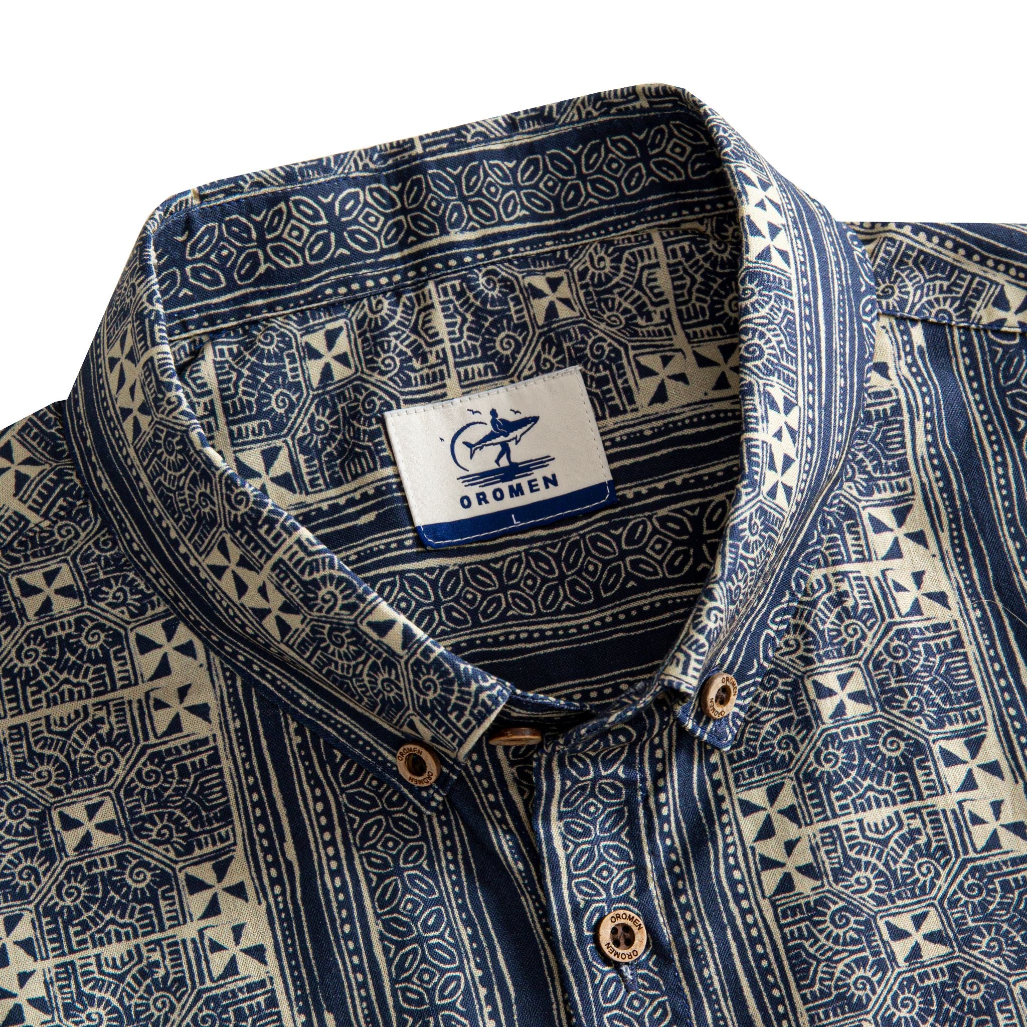 OROMEN Indigo Batik shirt button-down collar and branded label detail, navy and off-white Batik stripe