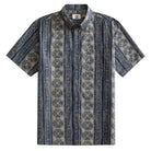 OROMEN Indigo Batik shirt front flat lay, allover navy and off-white geometric Batik stripe print