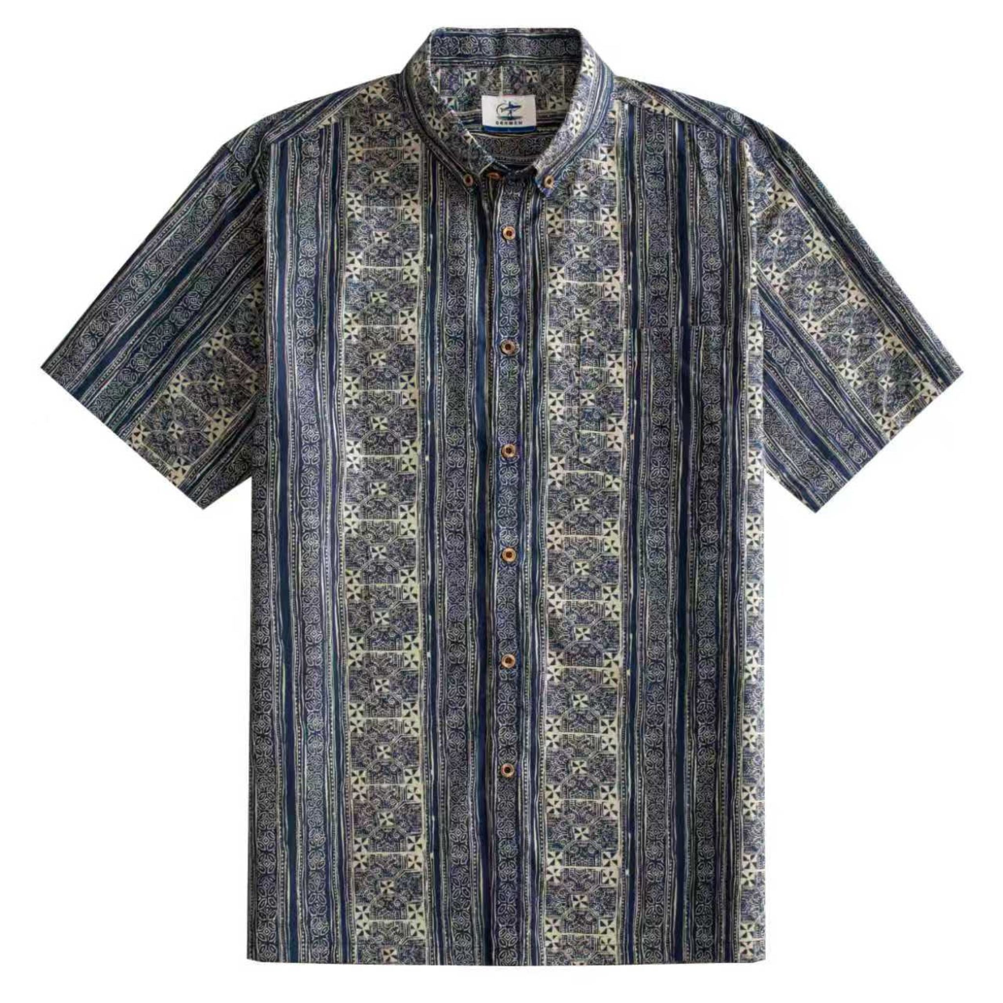 OROMEN Indigo Batik shirt front flat lay, allover navy and off-white geometric Batik stripe print