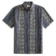 OROMEN Indigo Batik shirt front flat lay, allover navy and off-white geometric Batik stripe print