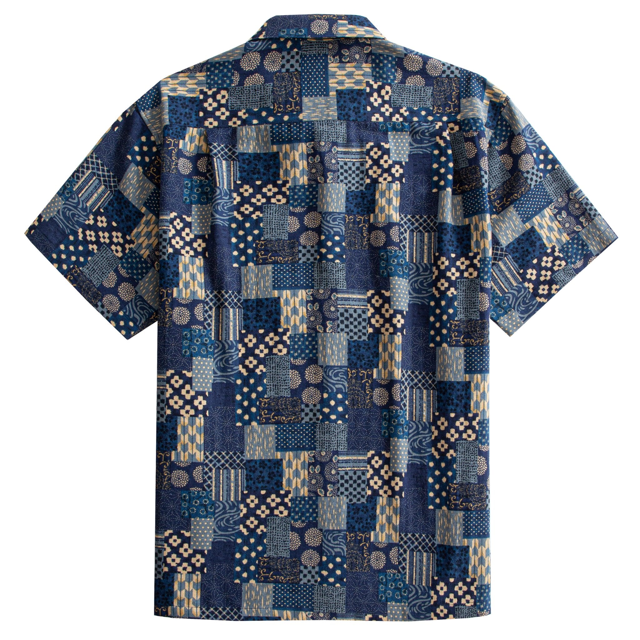 OROMEN Indigo Boro Patchwork Short Sleeve Shirt – Back View
