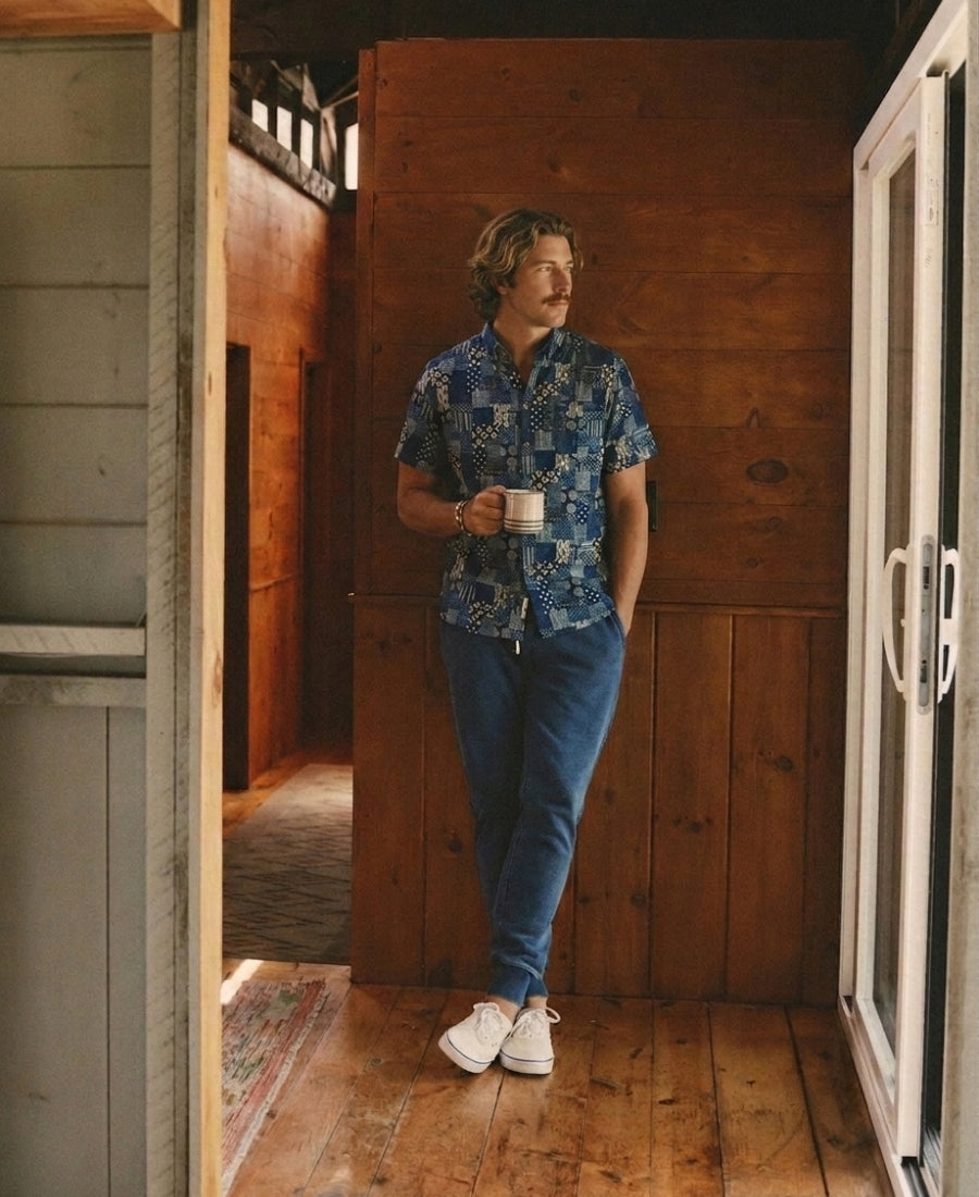 OROMEN Indigo Boro Patchwork Short Sleeve Shirt – Model