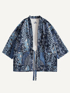 OROMEN Indigo Floral Patchwork Kimono Cardigan laid flat, front view