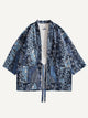 OROMEN Indigo Floral Patchwork Kimono Cardigan laid flat, front view