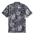 OROMEN Indigo Katazome shirt back flat lay, full patchwork print