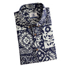 OROMEN Indigo Katazome shirt folded, branded label and coconut buttons detail