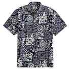OROMEN Indigo Katazome shirt front flat lay, navy blue and off-white patchwork print