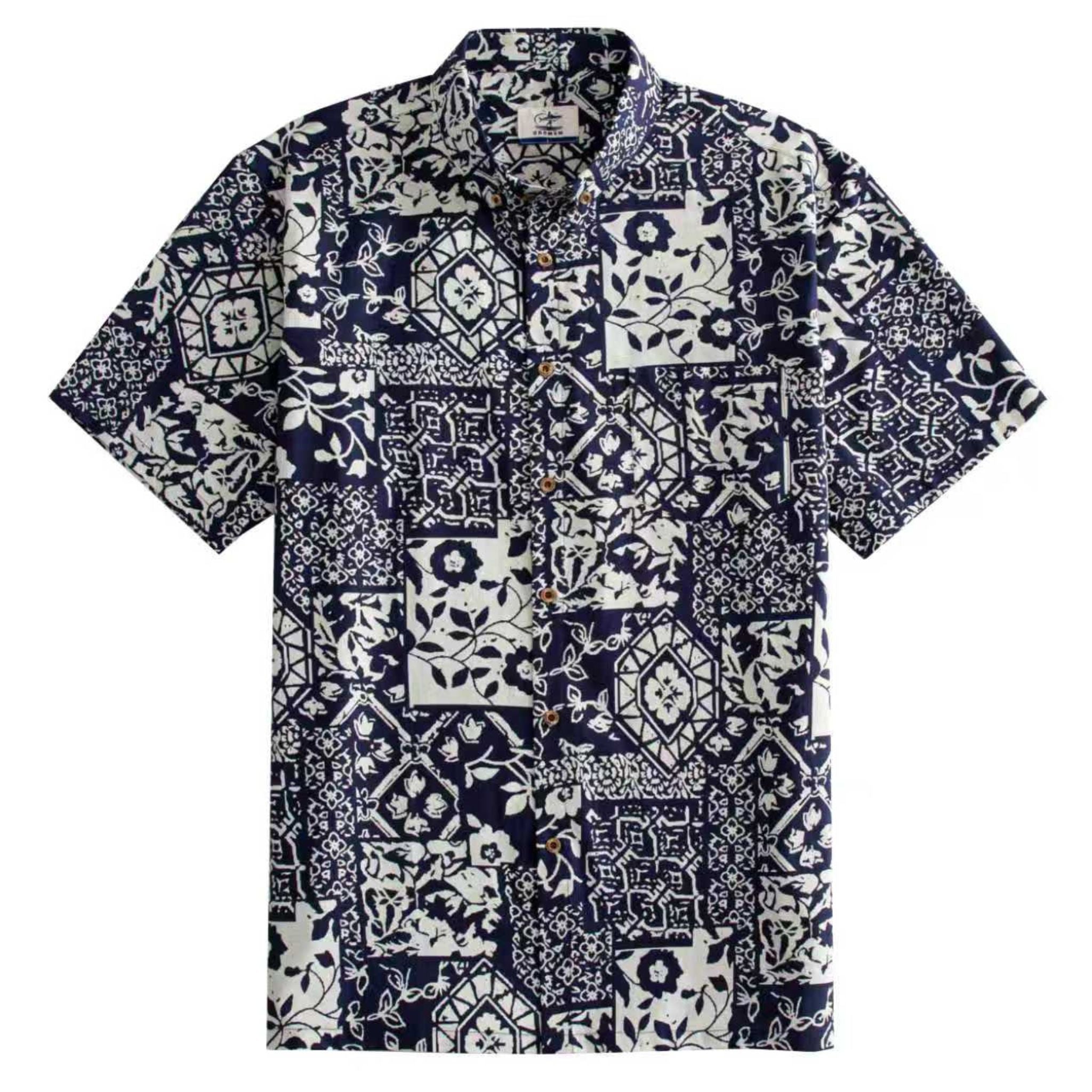 OROMEN Indigo Katazome shirt front flat lay, navy blue and off-white patchwork print