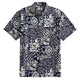 OROMEN Indigo Katazome shirt front flat lay, navy blue and off-white patchwork print
