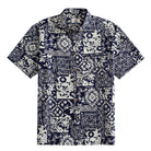 OROMEN Indigo Katazome shirt front flat lay, navy blue and off-white patchwork print