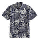OROMEN Indigo Katazome shirt front flat lay, navy blue and off-white patchwork print