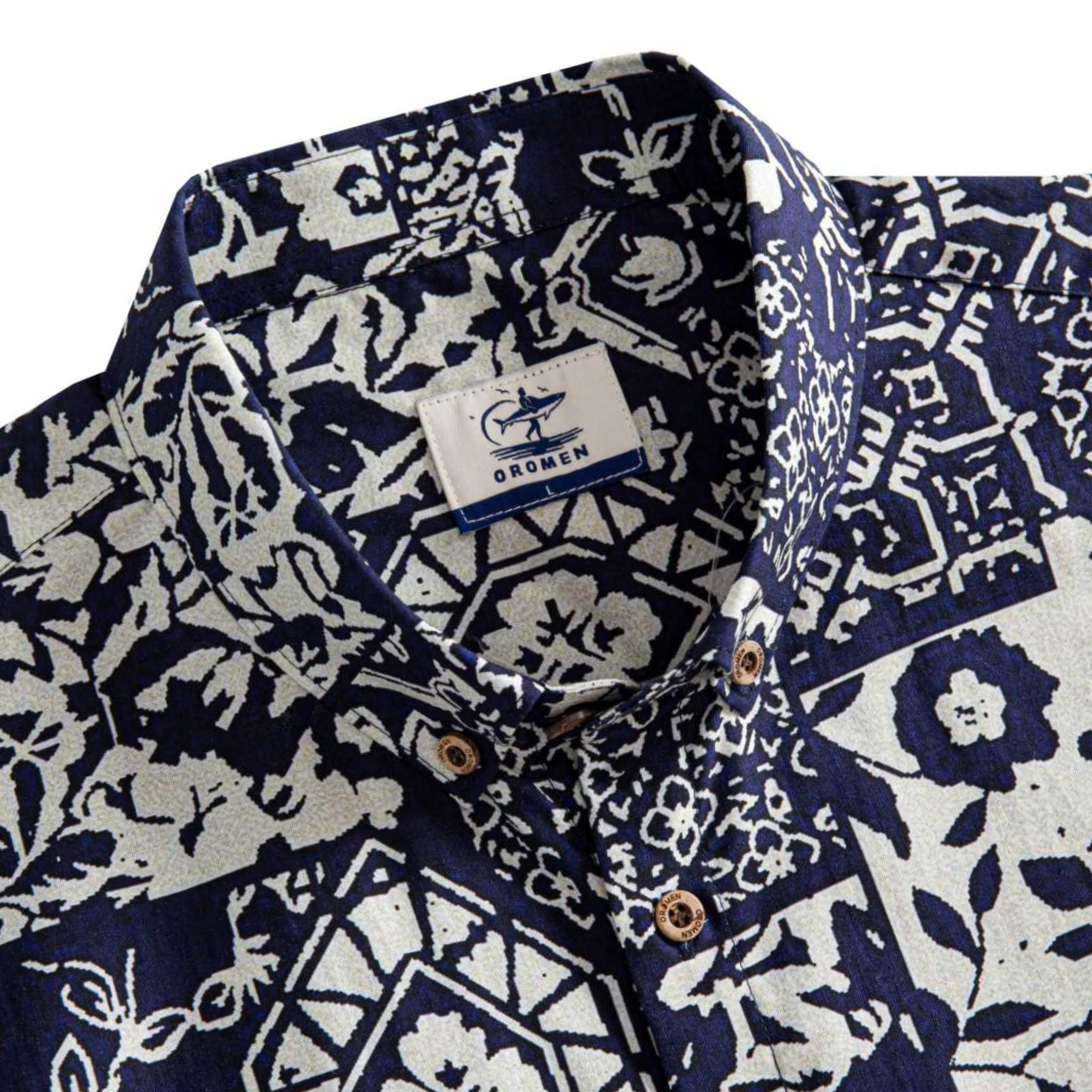 OROMEN Indigo Katazome shirt point collar and branded label detail