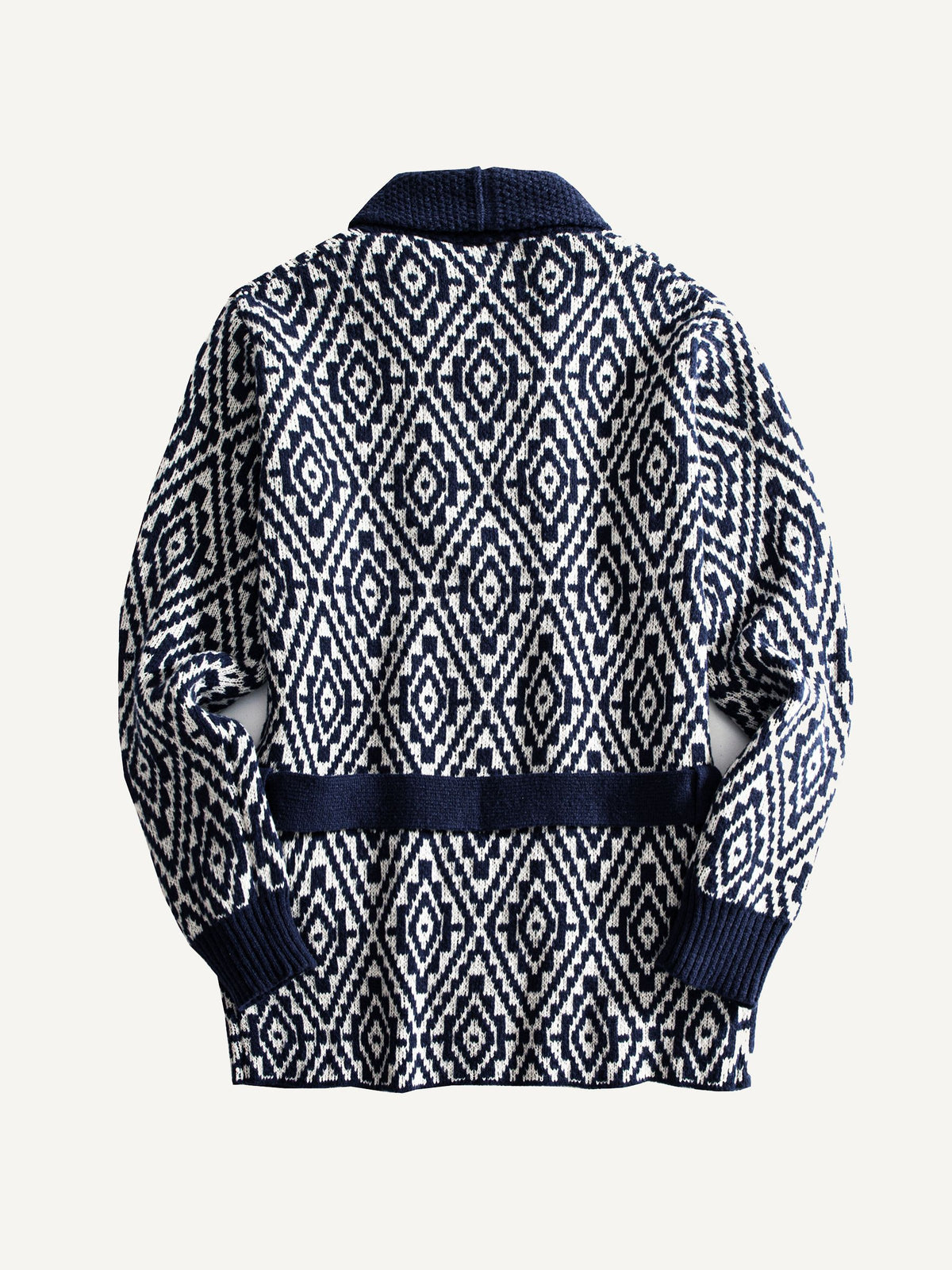 OROMEN Jacquard Tie-Front Knit Cardigan laid flat, back view showing full geometric jacquard pattern