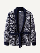 OROMEN Jacquard Tie-Front Knit Cardigan laid flat, front view with geometric diamond pattern