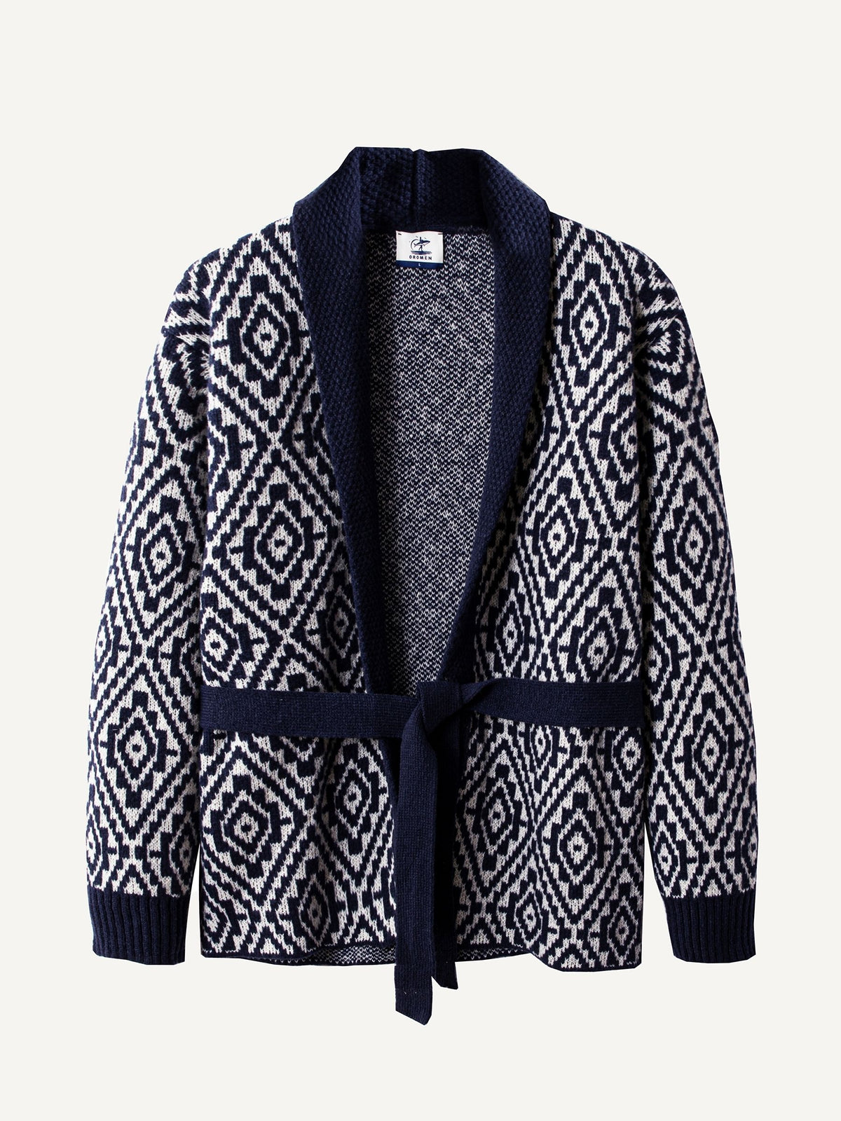 OROMEN Jacquard Tie-Front Knit Cardigan laid flat, front view with geometric diamond pattern