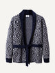 OROMEN Jacquard Tie-Front Knit Cardigan laid flat, front view with geometric diamond pattern