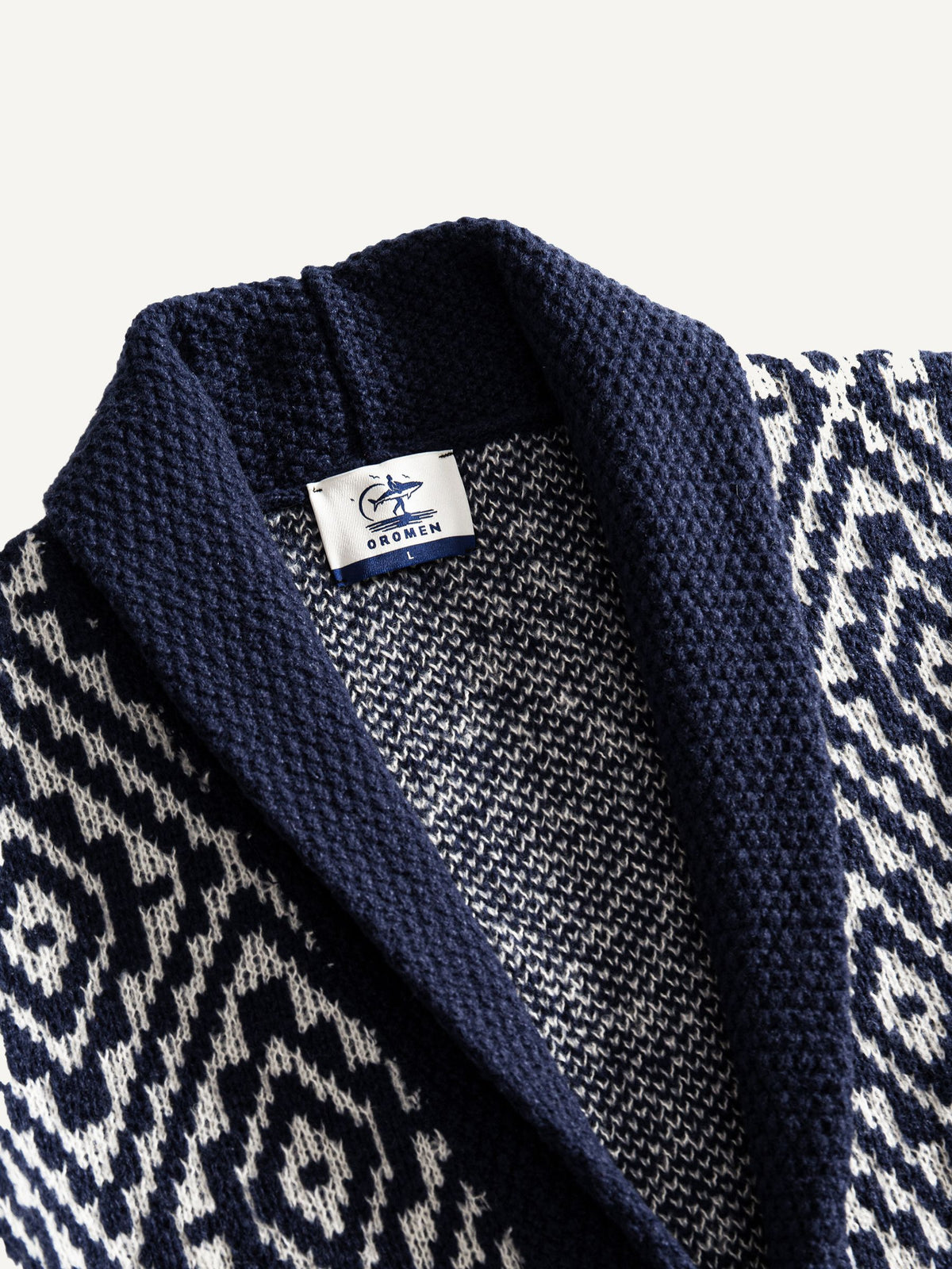 OROMEN Jacquard Tie-Front Knit Cardigan shawl collar neckline close-up