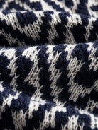OROMEN Jacquard Tie-Front Knit Cardigan textured knit fabric close-up showing navy and off-white diamond weave