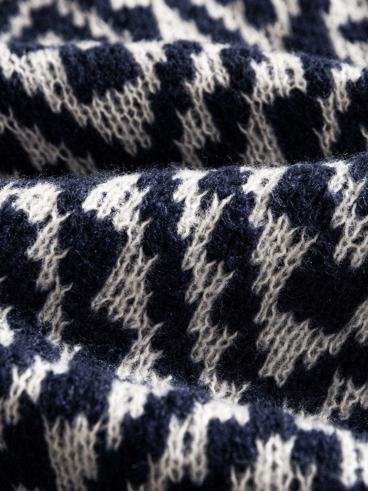 OROMEN Jacquard Tie-Front Knit Cardigan textured knit fabric close-up showing navy and off-white diamond weave