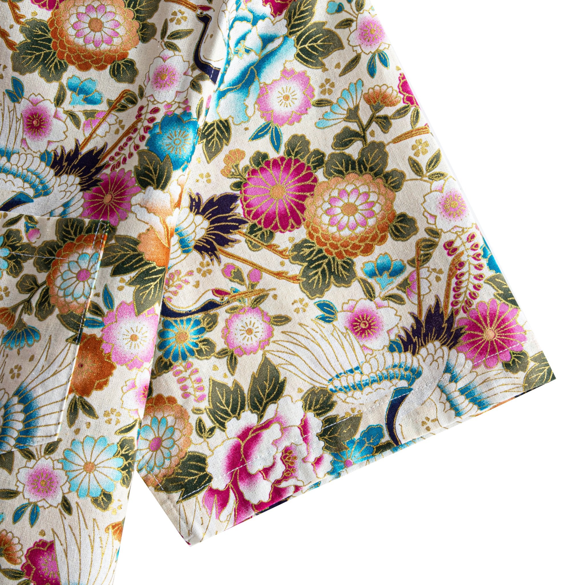OROMEN Japanese Crane Shirt – Short Sleeve Cuff with All-over Floral Print